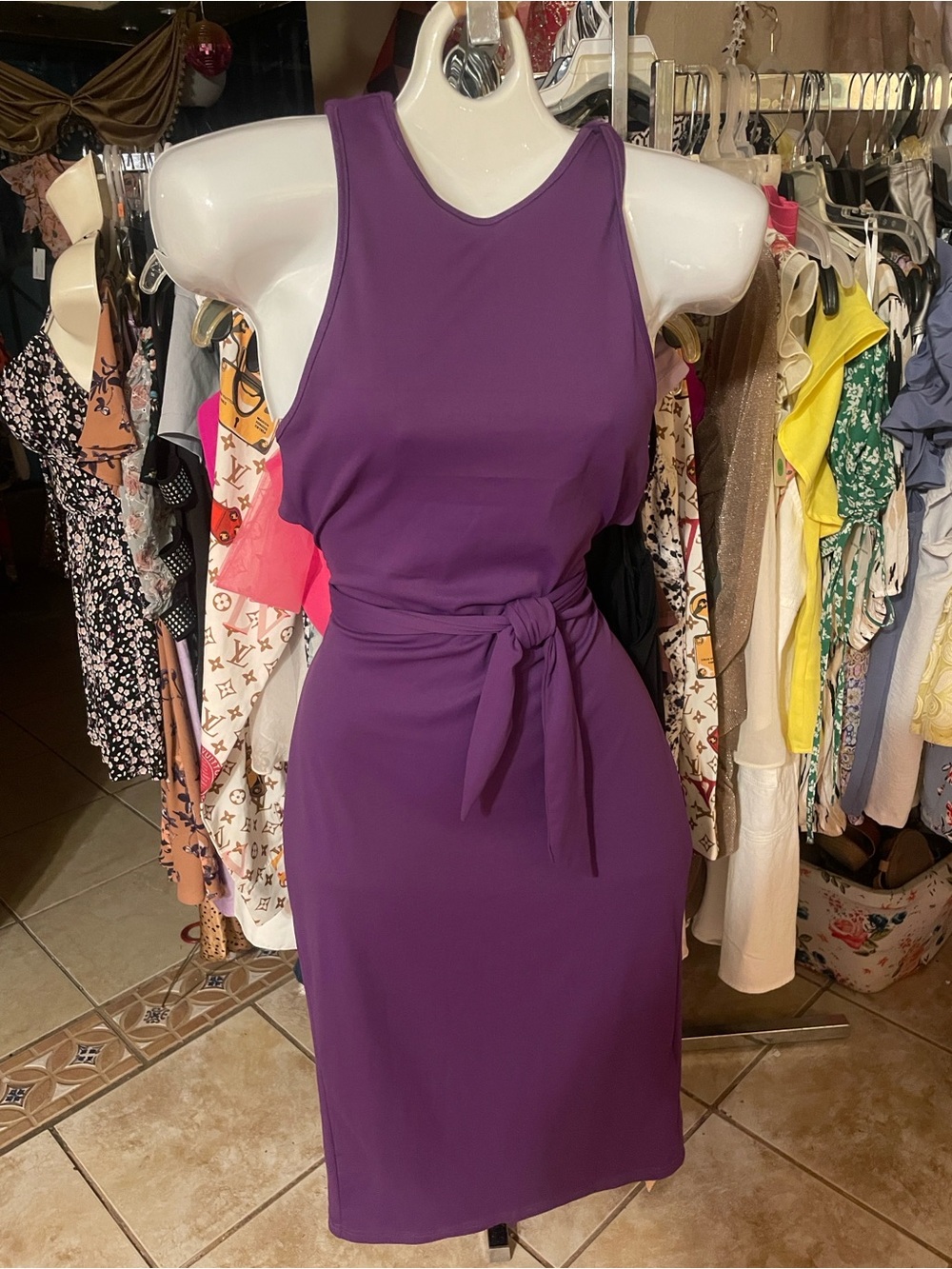 SHEIN Purple Sleeveless Tie-Waist Midi Dress